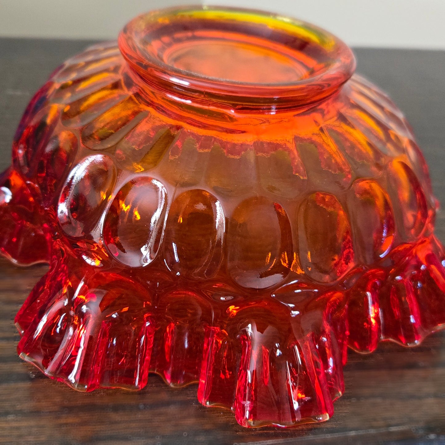 Fenton Amberina Coin Dot Ruffled Bowl Red Orange Glass Thumbprint Pattern