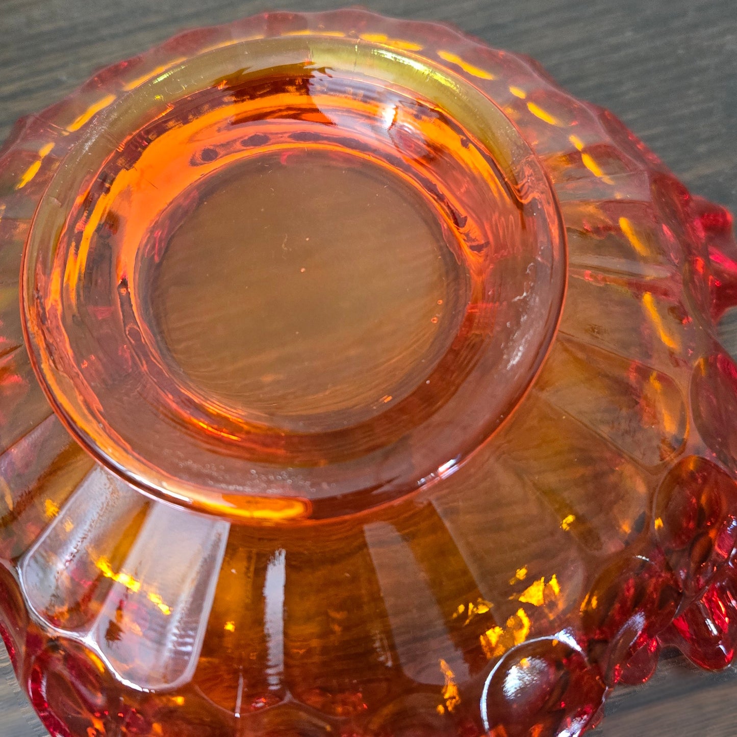 Fenton Amberina Coin Dot Ruffled Bowl Red Orange Glass Thumbprint Pattern
