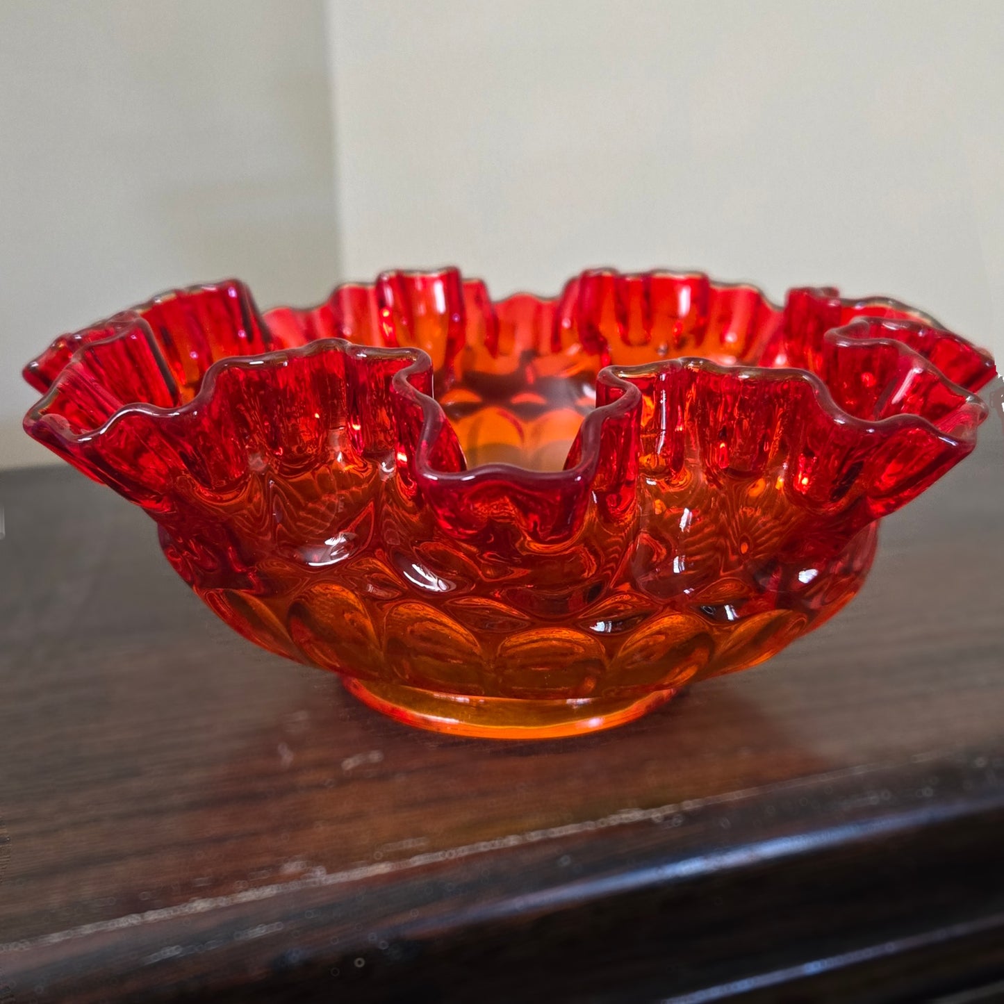 Fenton Amberina Coin Dot Ruffled Bowl Red Orange Glass Thumbprint Pattern
