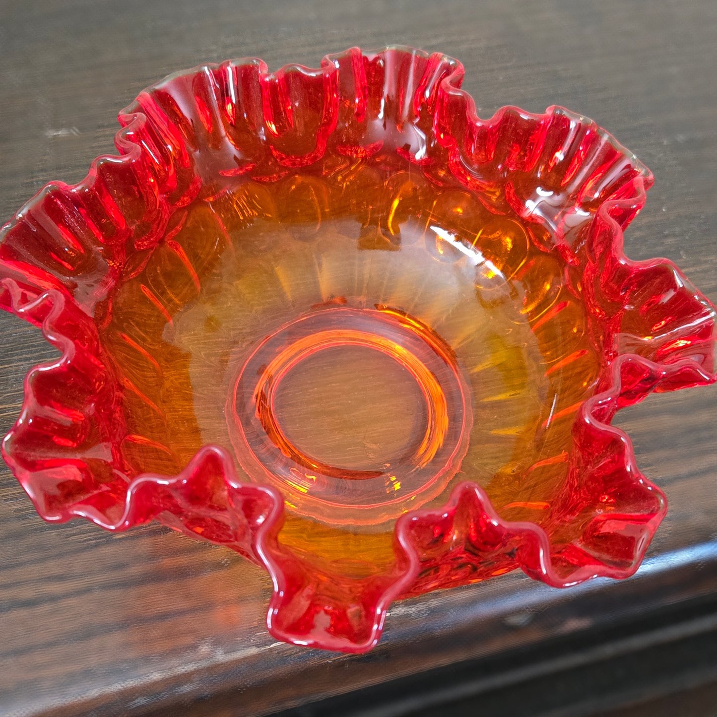 Fenton Amberina Coin Dot Ruffled Bowl Red Orange Glass Thumbprint Pattern