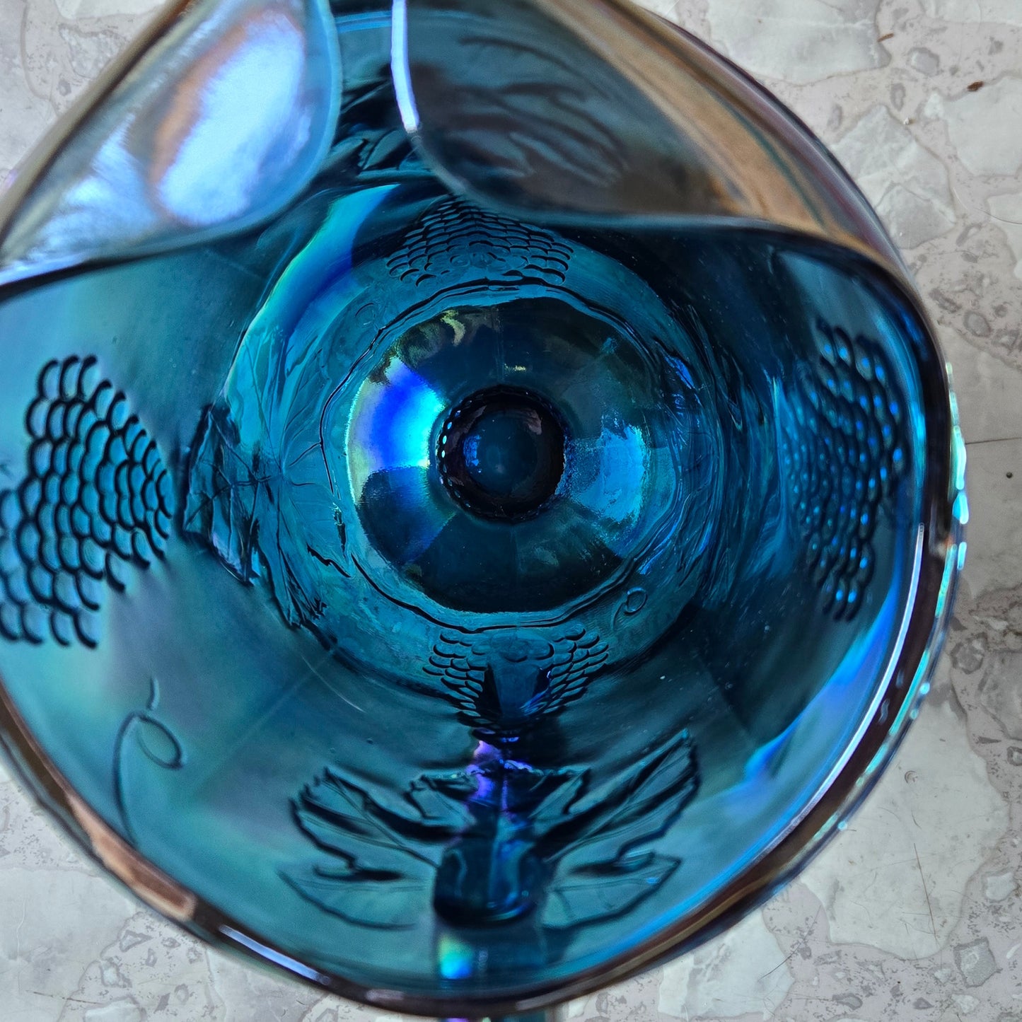 Blue Carnival Glass Pitcher Indiana Glass Harvest Grape Iridescent