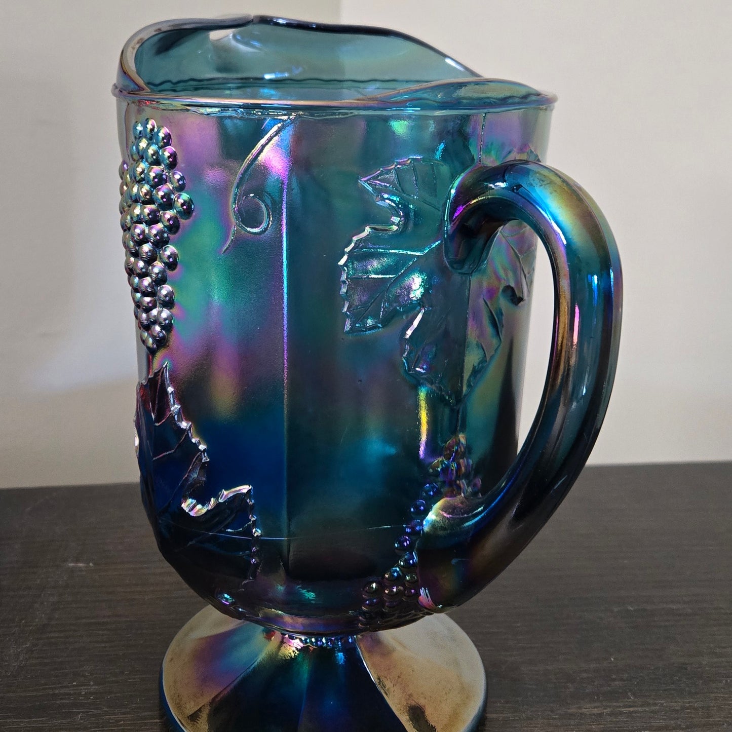 Blue Carnival Glass Pitcher Indiana Glass Harvest Grape Iridescent