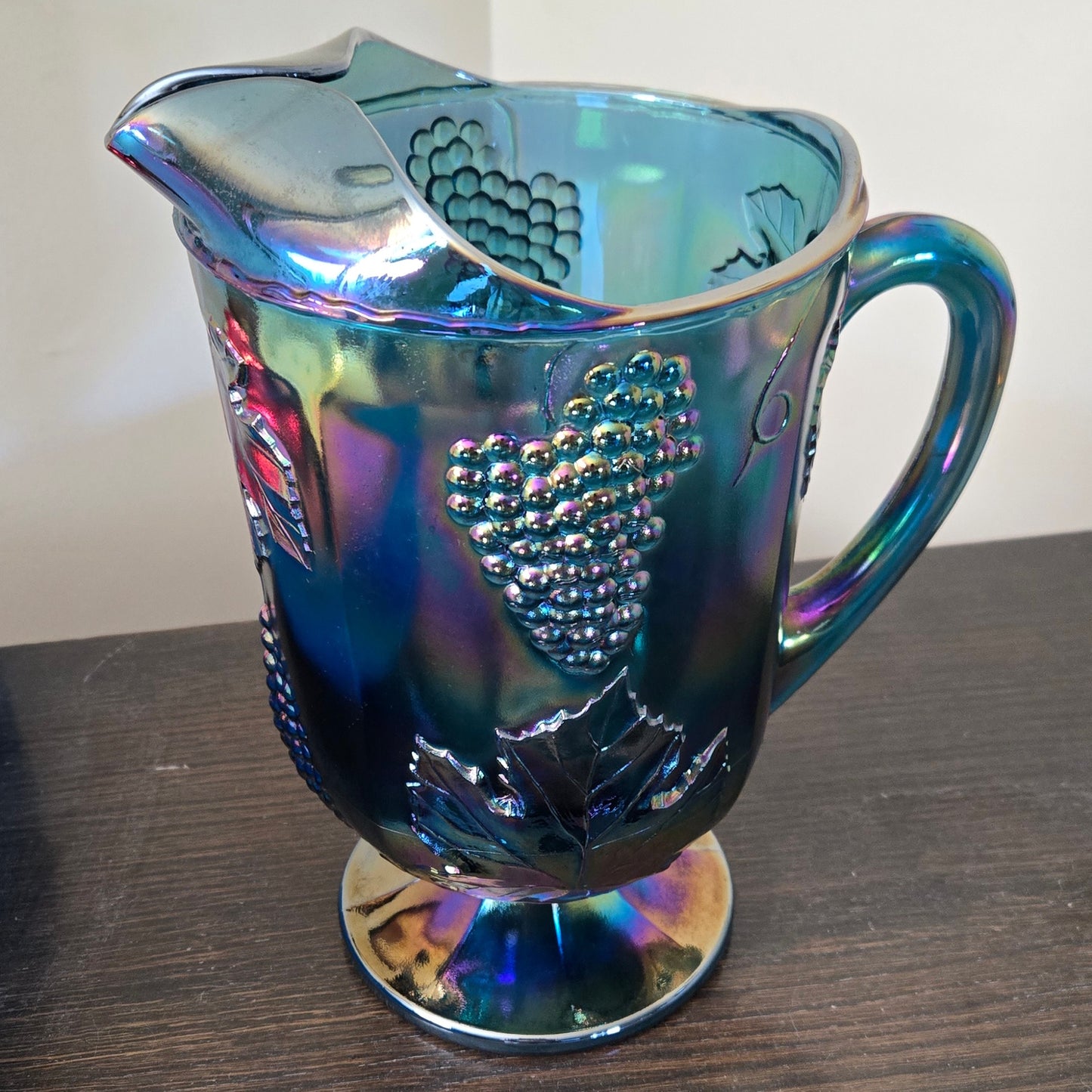 Blue Carnival Glass Pitcher Indiana Glass Harvest Grape Iridescent