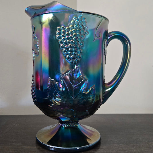 Blue Carnival Glass Pitcher Indiana Glass Harvest Grape Iridescent